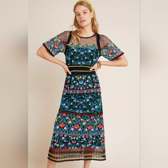 Anthropologie Black and Blue Embroidered Midi Dress - Picture 1 of 16